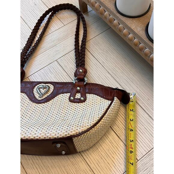 MC heart tan w/ brown embossed trim shoulder bag w/ zip closure silver feet - Picture 5 of 10